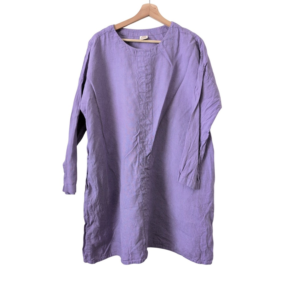 Linenbee Purple Linen Tunic Dress Oversized Pockets Lagenlook Natural Cottage OS
